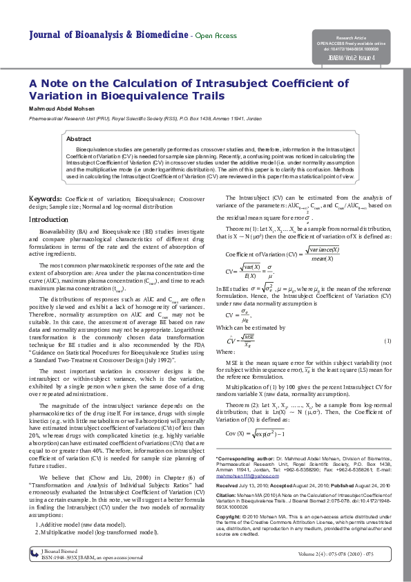 (PDF) A Note on the Calculation of Intrasubject Coefficient of ...