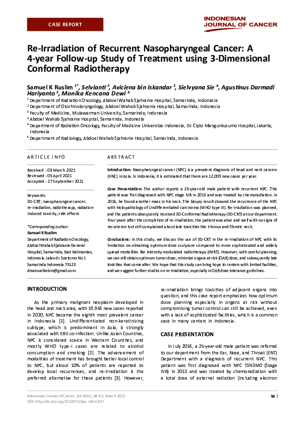 (PDF) Re-Irradiation of Recurrent Nasopharyngeal Cancer: A 4-year ...