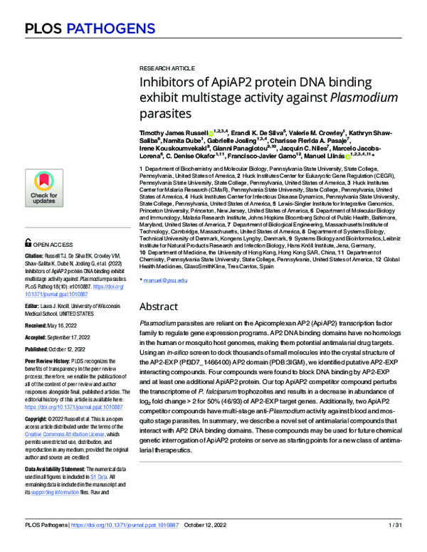 (PDF) Inhibitors of ApiAP2 protein DNA binding exhibit multistage ...
