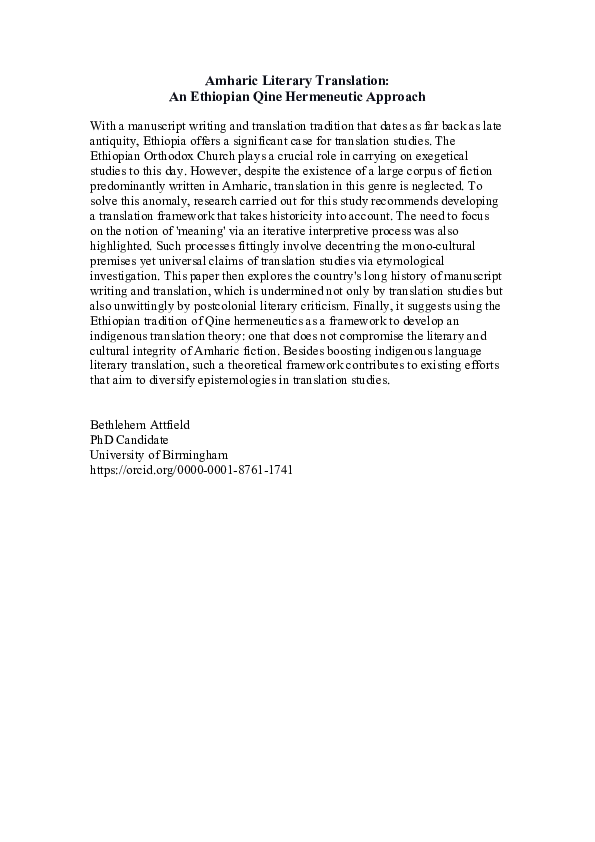 (DOC) Amharic Literary Translation: An Ethiopian Qine Hermeneutic Approach