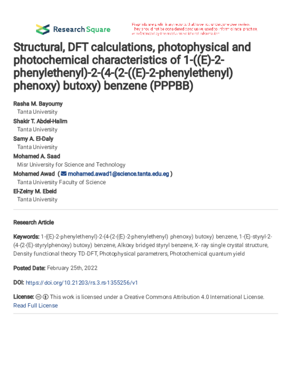 (PDF) Structural, DFT calculations, photophysical and photochemical ...