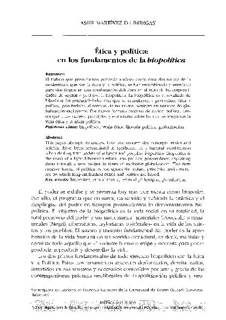 Ética y Política: En Los Fundamentos De La Biopolítica
