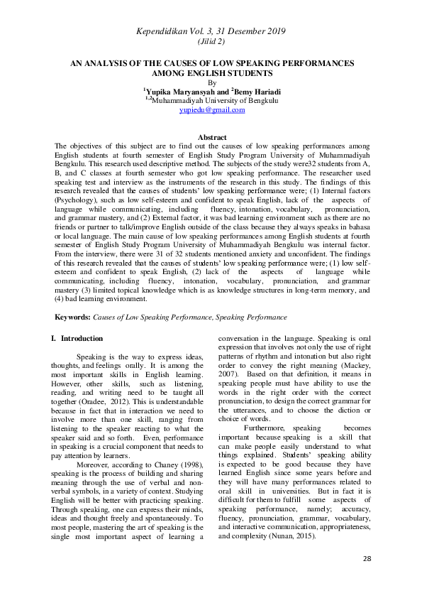 (PDF) An Analysis of the Causes of Low Speaking Performances Among ...