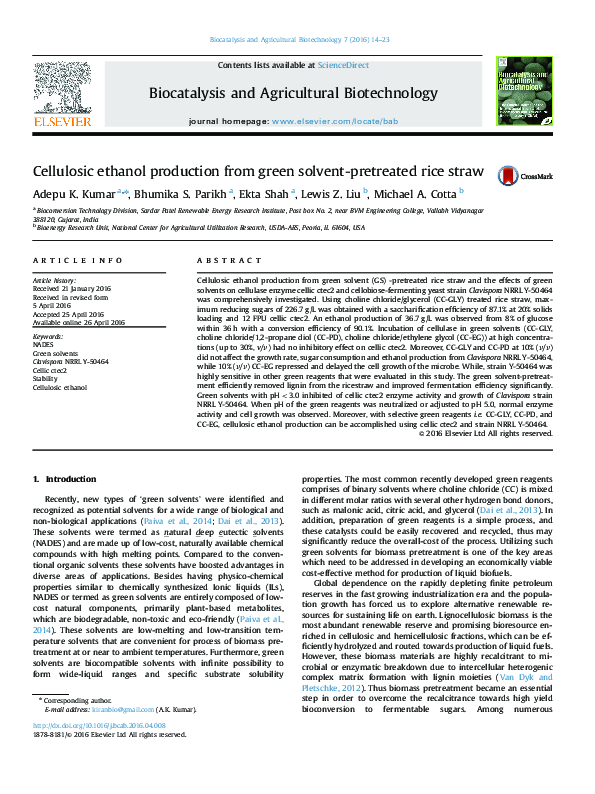 (PDF) Cellulosic ethanol production from green solvent-pretreated rice ...