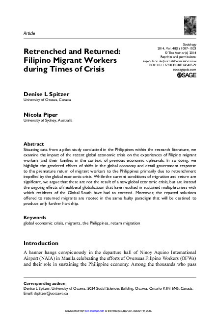 (PDF) Retrenched and Returned: Filipino Migrant Workers during Times of ...