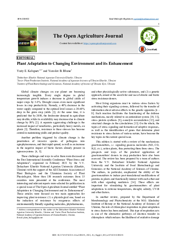 (PDF) Plant Adaptation to Changing Environment and its Enhancement