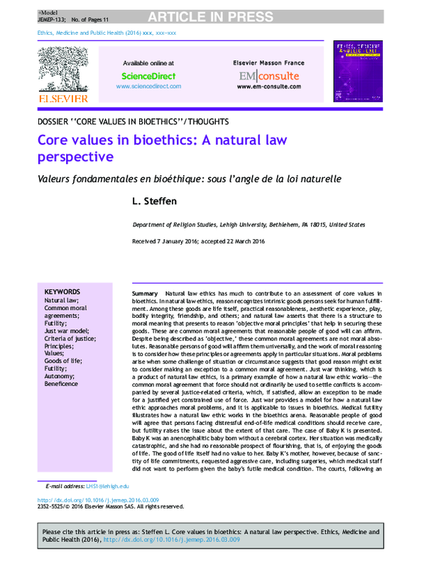 (PDF) Core values in bioethics: A natural law perspective