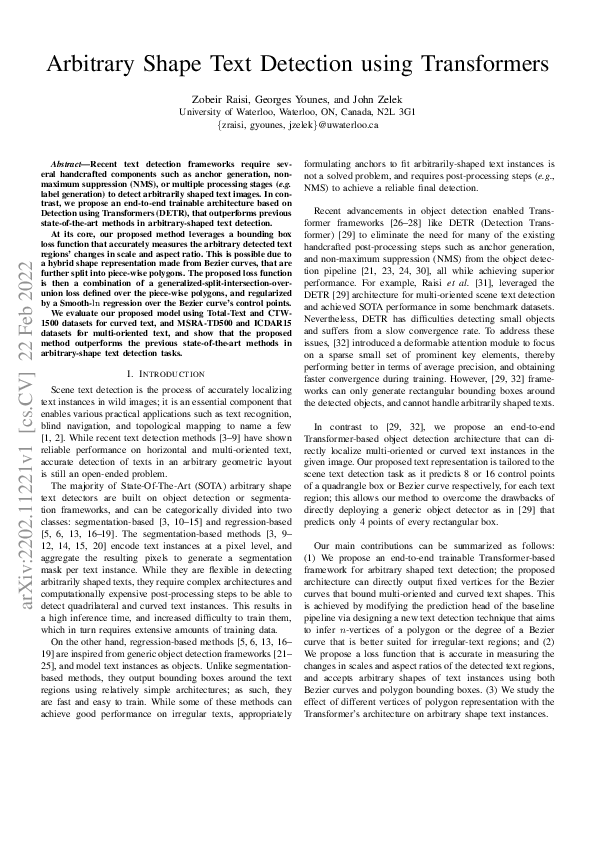(PDF) Arbitrary Shape Text Detection using Transformers