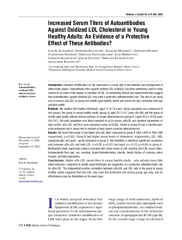 (PDF) Increased Serum Titers of Autoantibodies Against Oxidized LDL ...