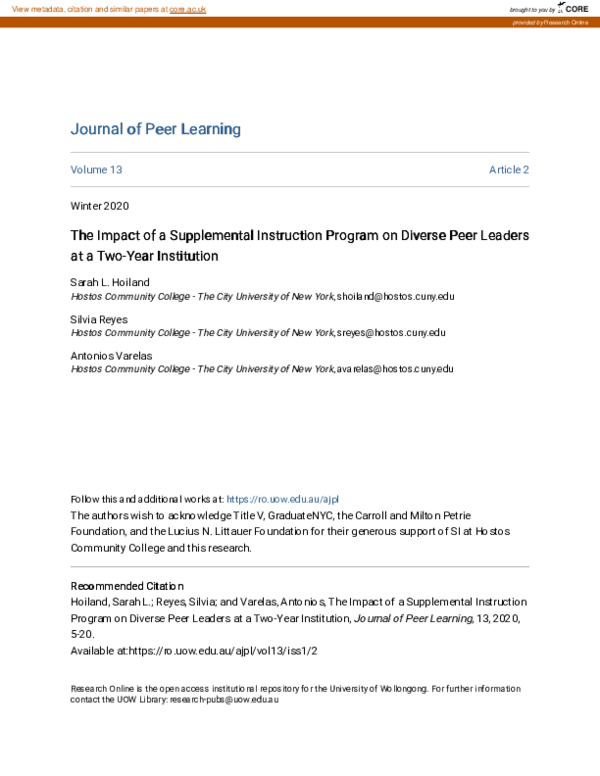 (PDF) The Impact of a Supplemental Instruction Program on Diverse Peer ...