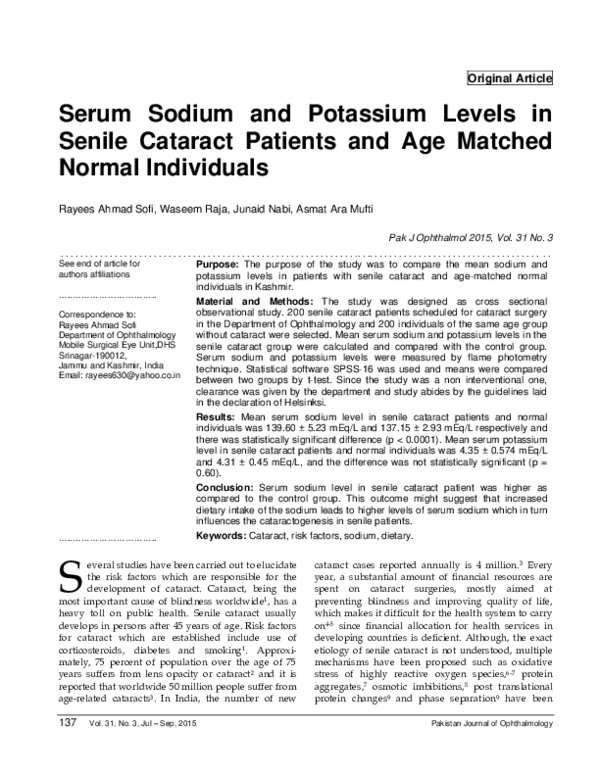 (PDF) Serum Sodium and Potassium Levels in Senile Cataract Patients and ...