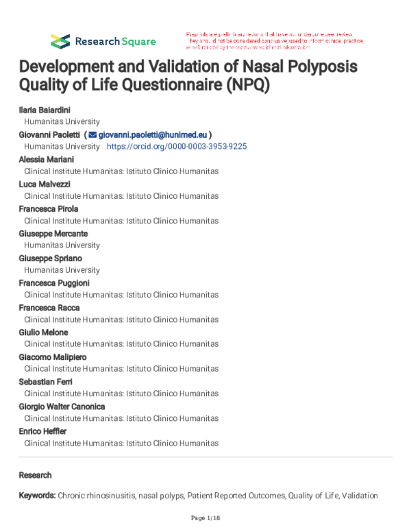 (PDF) Development and Validation of Nasal Polyposis Quality of Life ...