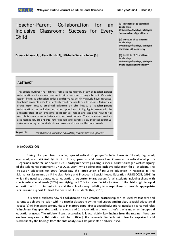 (PDF) Teacher-Parent Collaboration for an Inclusive Classroom: Success ...