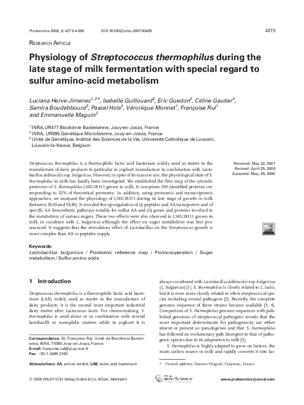 (PDF) Physiology of Streptococcus thermophilus during the late stage of ...