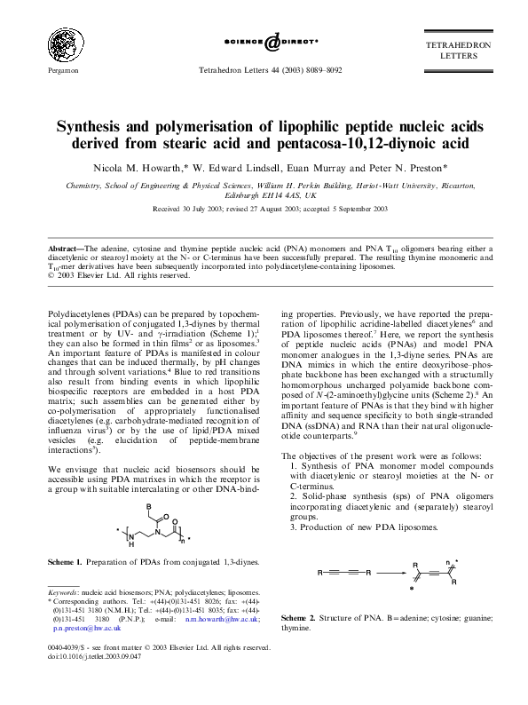 (PDF) Synthesis and polymerisation of lipophilic peptide nucleic acids ...