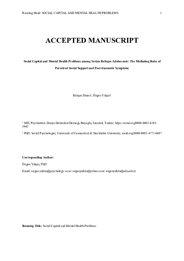 (PDF) Social capital and mental health problems among Syrian refugee ...