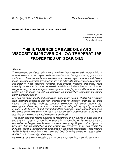 (PDF) The Influence of Base Oils and Viscosity Improver on Low ...