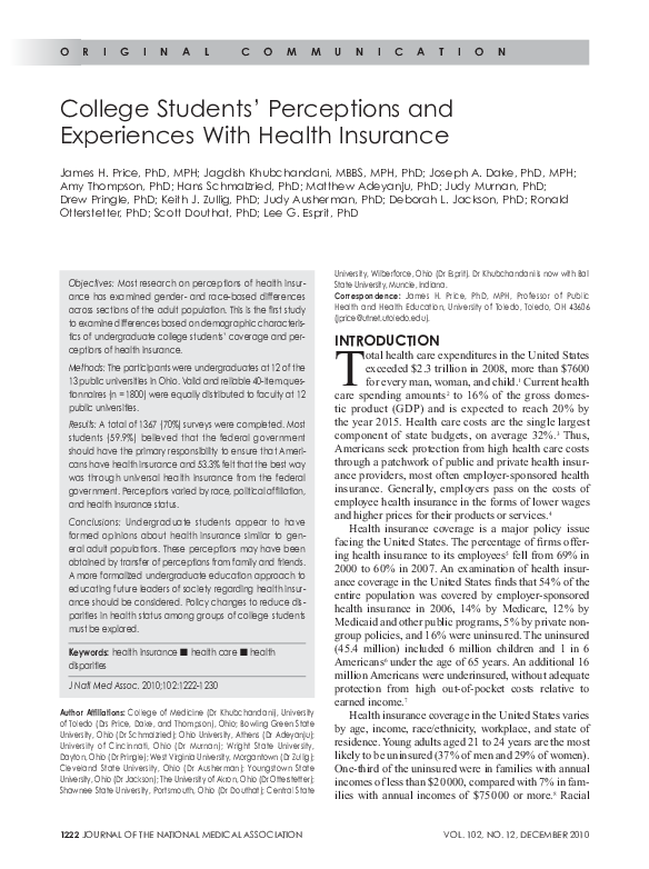(PDF) College Students’ Perceptions and Experiences With Health Insurance