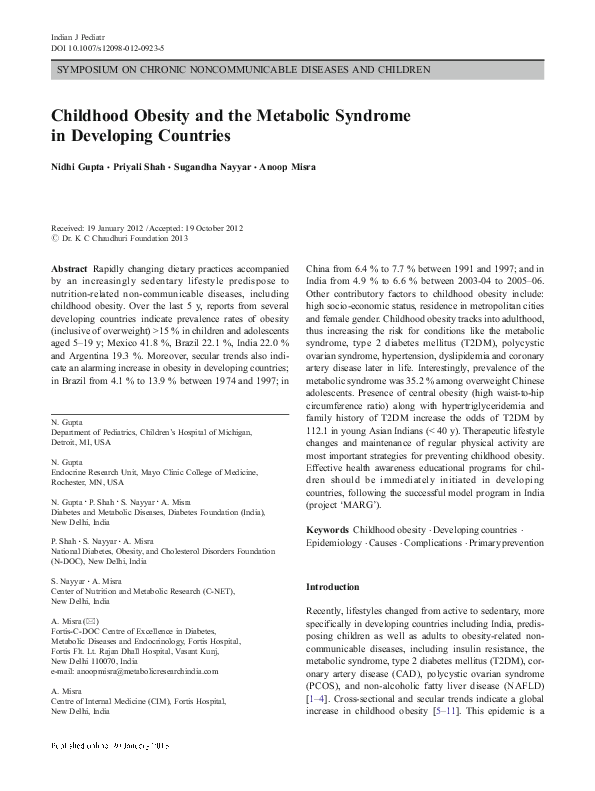 (PDF) Childhood Obesity and the Metabolic Syndrome in Developing Countries