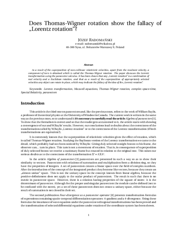 (PDF) Does Thomas-Wigner Rotation Show the Fallacy of Lorentz Rotation?