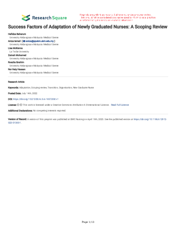 (PDF) Success Factors of Adaptation of Newly Graduated Nurses: A ...
