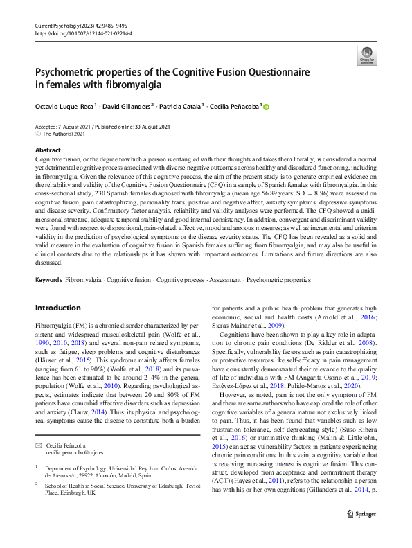 (PDF) Psychometric properties of the Cognitive Fusion Questionnaire in ...