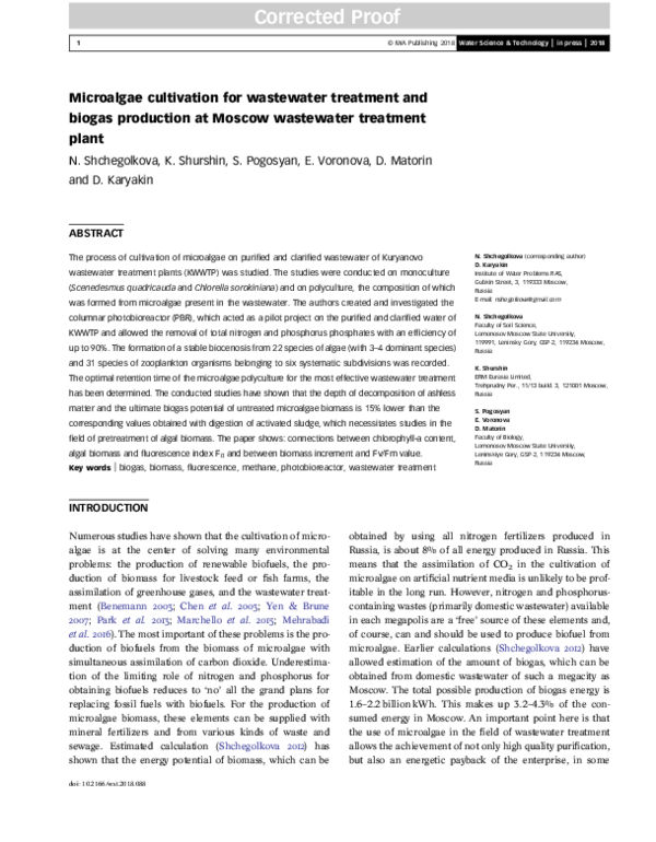 (PDF) Microalgae Cultivation for Wastewater Treatment and Bioenergy ...