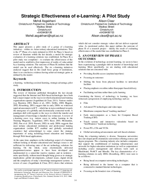 (PDF) Strategic Effectiveness of e-Learning: A Pilot Study