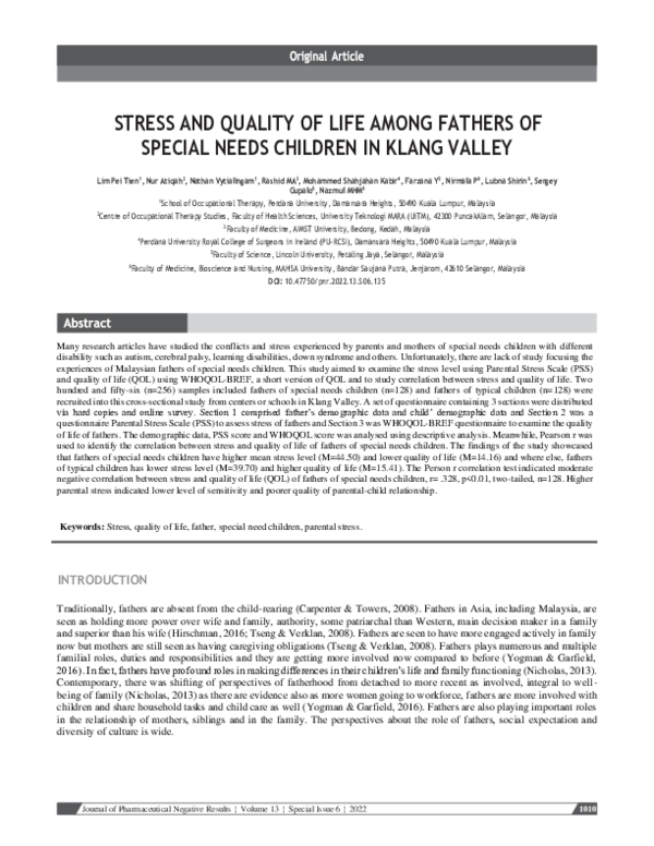 (PDF) Stress and Quality of Life Among Fathers of Special Needs ...