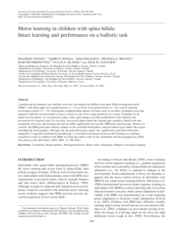 (PDF) Motor learning in children with spina bifida: Intact learning and ...