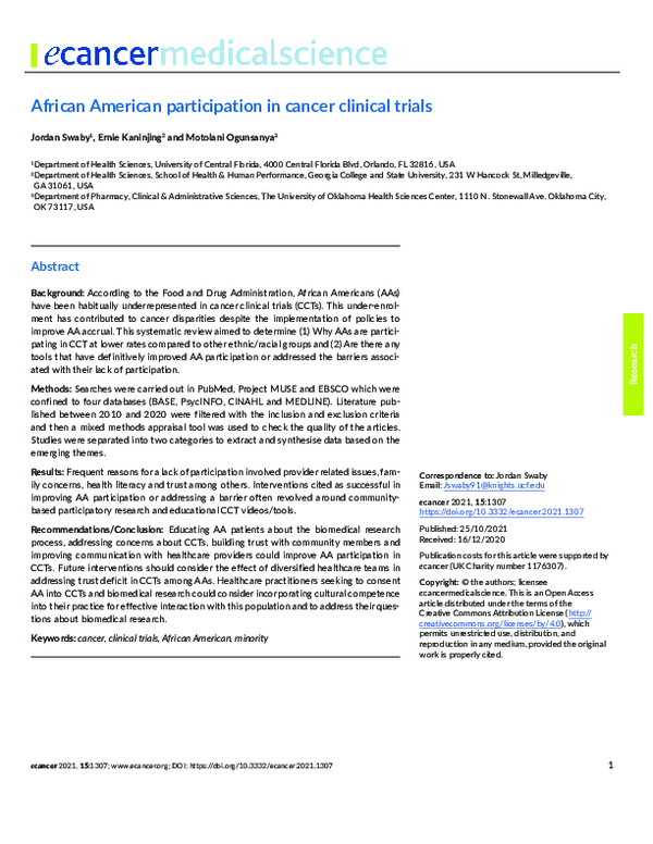 (PDF) African American participation in cancer clinical trials