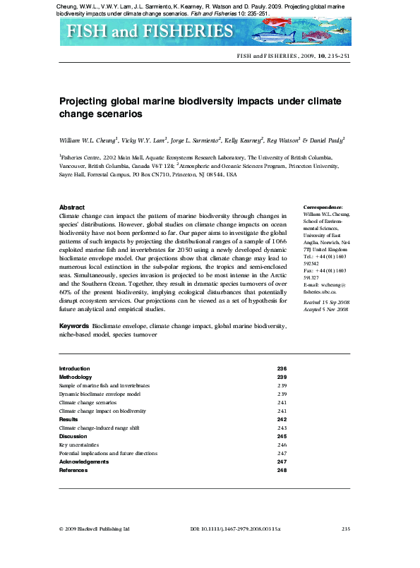 (PDF) Projecting global marine biodiversity impacts under climate ...
