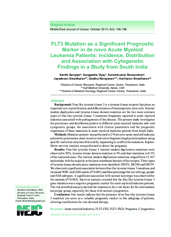 (PDF) FLT3 Mutation as a Significant Prognostic Marker in de novo Acute ...
