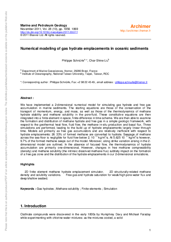 (PDF) Numerical modeling of gas hydrate emplacements in oceanic sediments