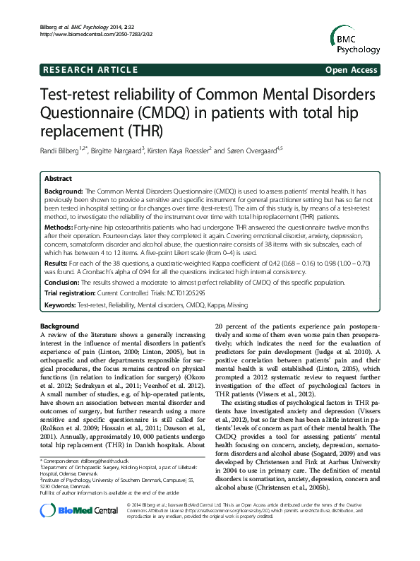 (PDF) Test-retest reliability of Common Mental Disorders Questionnaire ...