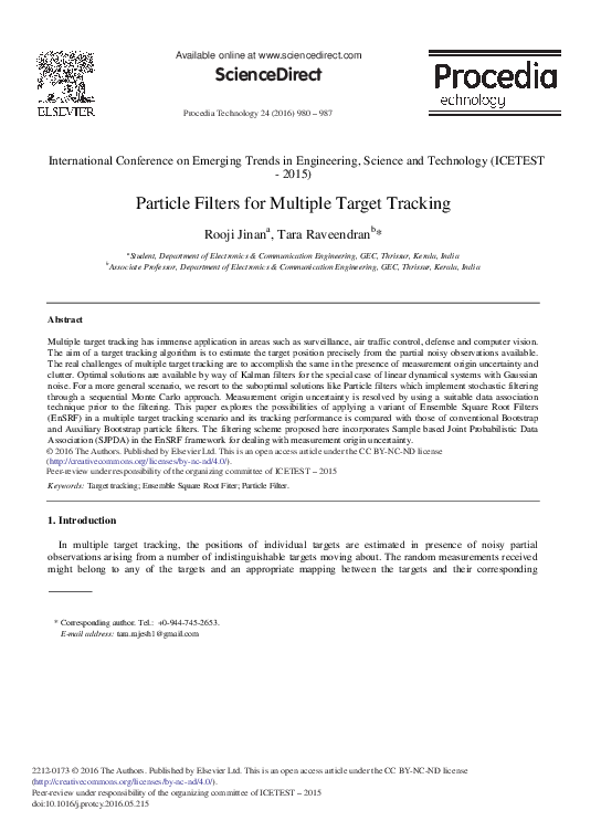 (PDF) Particle Filters for Multiple Target Tracking