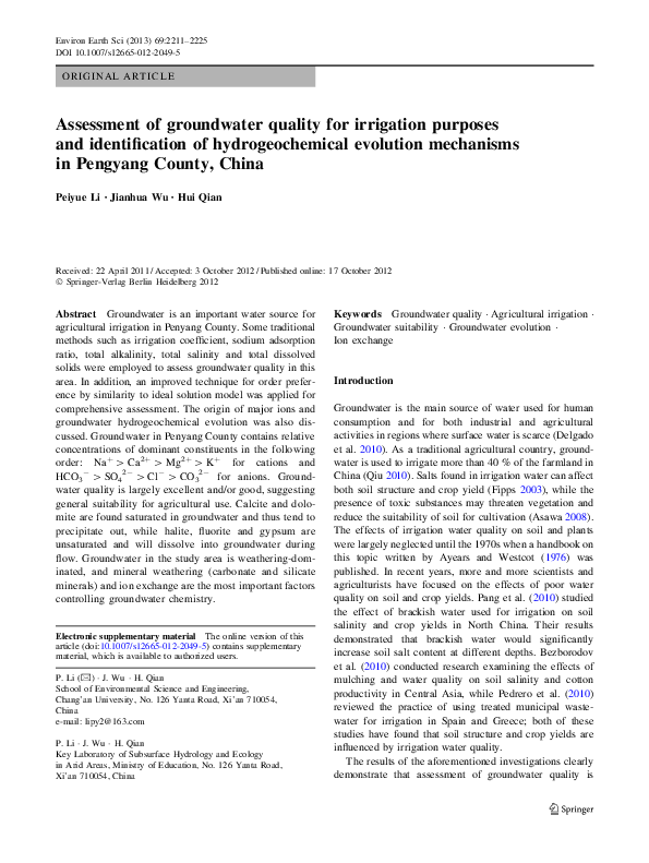 (PDF) Assessment of groundwater quality for irrigation purposes: A case ...