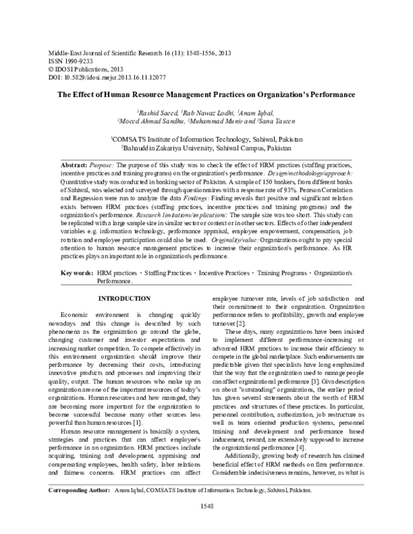 (PDF) The Effect of Human Resource Management Practices on Organization ...