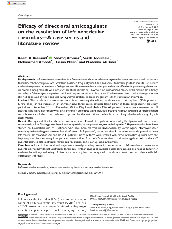 (PDF) Efficacy of direct oral anticoagulants on the resolution of left ...