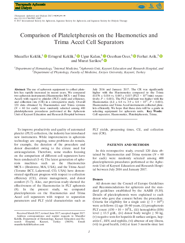 (PDF) Comparison of Plateletpheresis on the Haemonetics and Trima Accel ...