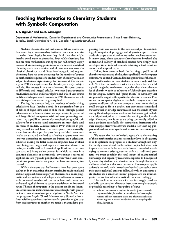 (PDF) Teaching Mathematics to Chemistry Students with Symbolic Computation