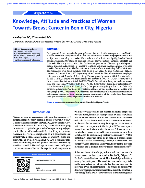 (PDF) Knowledge, attitude and practices of women towards breast cancer ...
