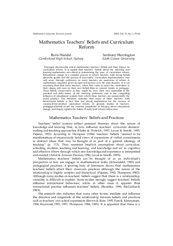 (PDF) Mathematics teachers’ beliefs and curriculum reform