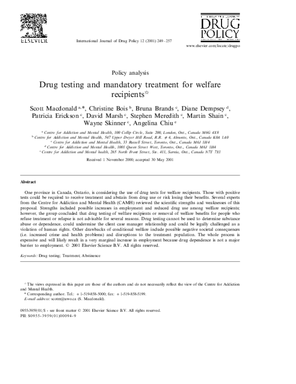 (PDF) Drug testing and mandatory treatment for welfare recipients
