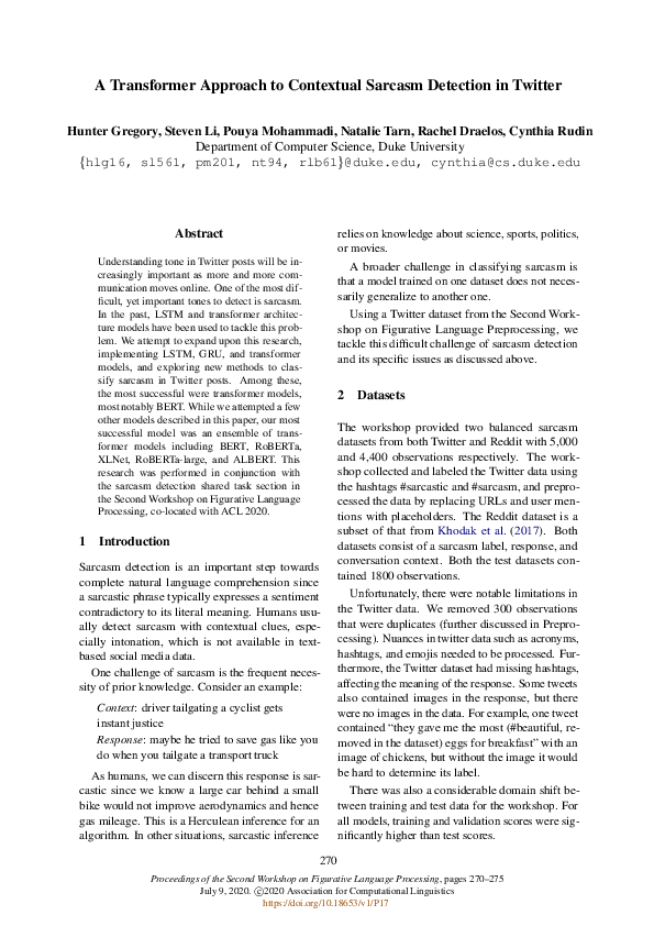 (PDF) A Transformer Approach to Contextual Sarcasm Detection in Twitter