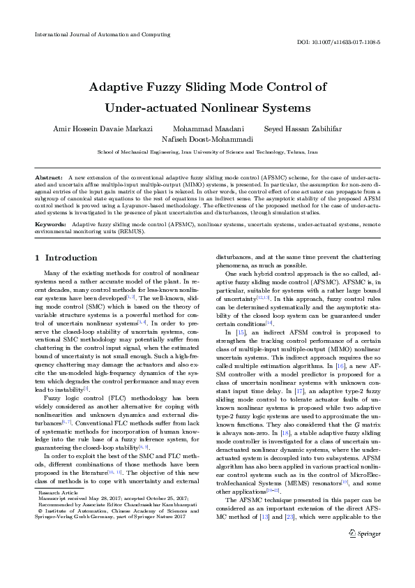 (PDF) Adaptive Fuzzy Sliding Mode Control of Under-actuated Nonlinear ...