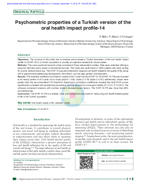(PDF) Psychometric properties of a Turkish version of the oral health ...