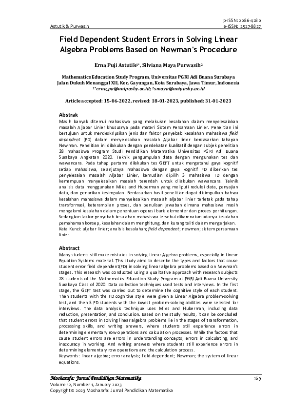 (PDF) Field Dependent Student Errors in Solving Linear Algebra Problems ...