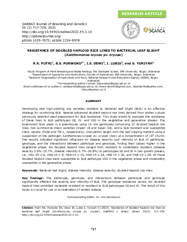 (PDF) RESISTANCE OF DOUBLED HAPLOID RICE LINES TO BACTERIAL LEAF BLIGHT ...