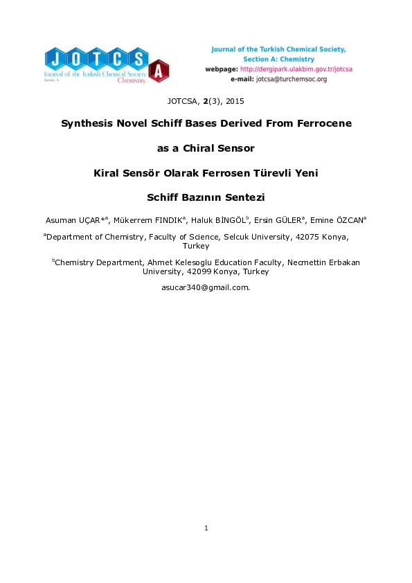 (PDF) Synthesis Novel Schiff Bases Derived From Ferrocene as a Chiral ...